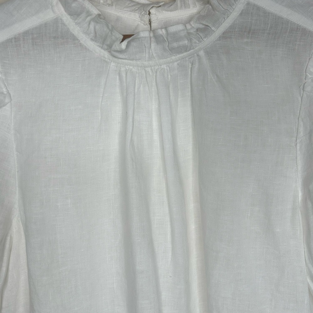 J Crew White Crisp Linen Blouse Size M High Ruffled Neck and Sleeves Romantic - Picture 2 of 8